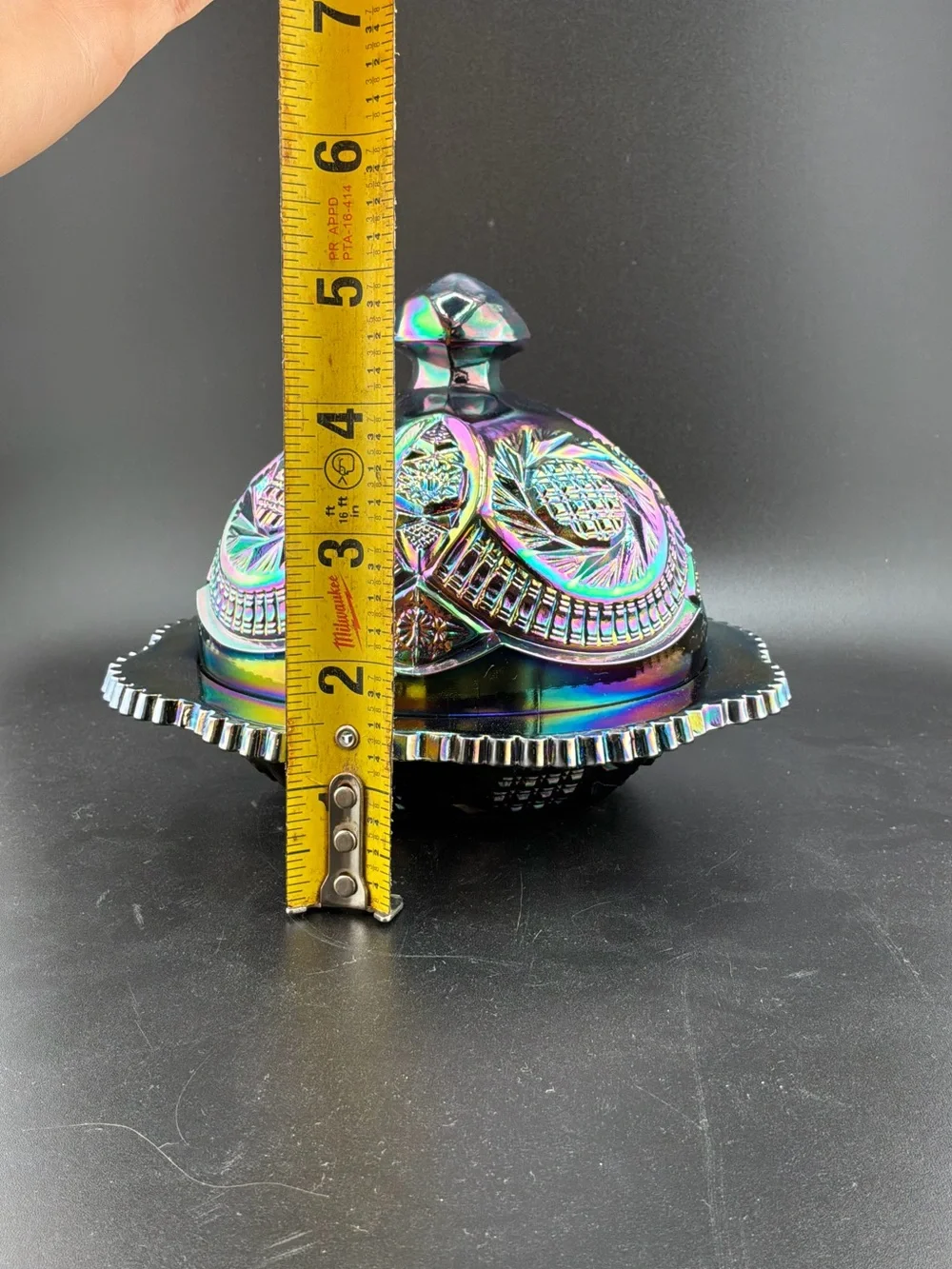 L.E Smith Carnival Glass Covered Butter Dish - Rainbow Finish